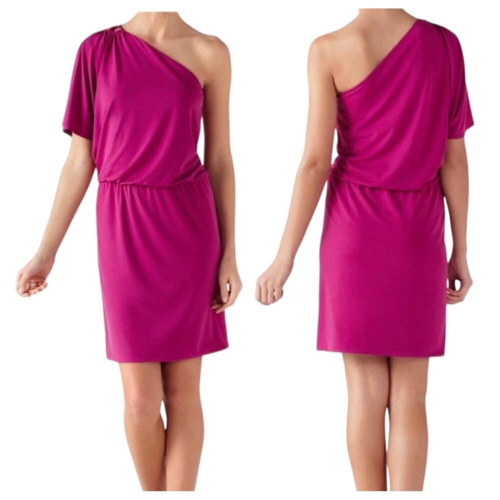 White House Black Market Blouson One Shoulder Dress in Very Berry 14 NWT